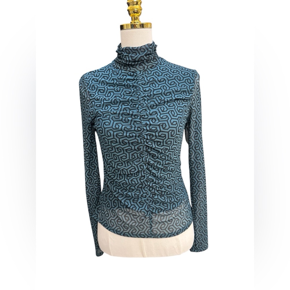 Sweet Rain Mesh Turtleneck Ruched Top Teal Geometric Size L